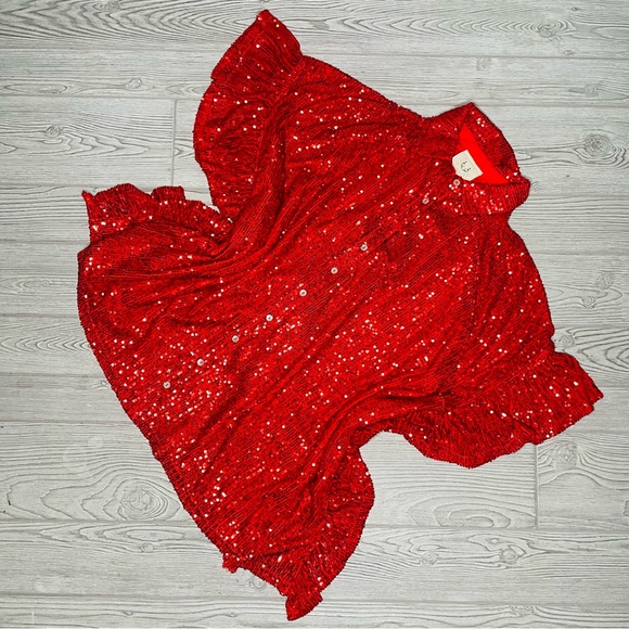 Fantastic fawn oversized red sequin ruffle detail shirt / blouse boho glam med - Picture 4 of 7